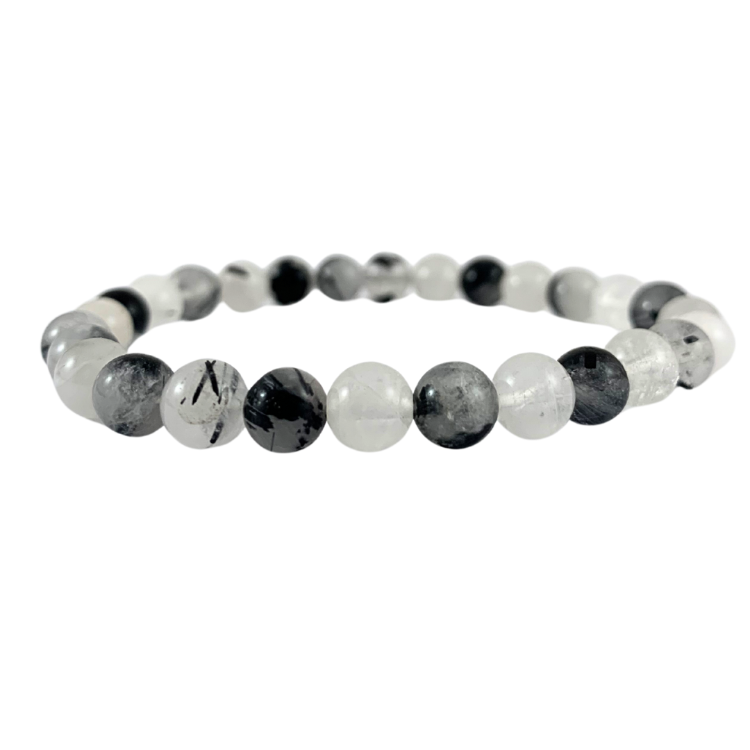 Quartz, Black Tourmaline In Round Bead Bracelet