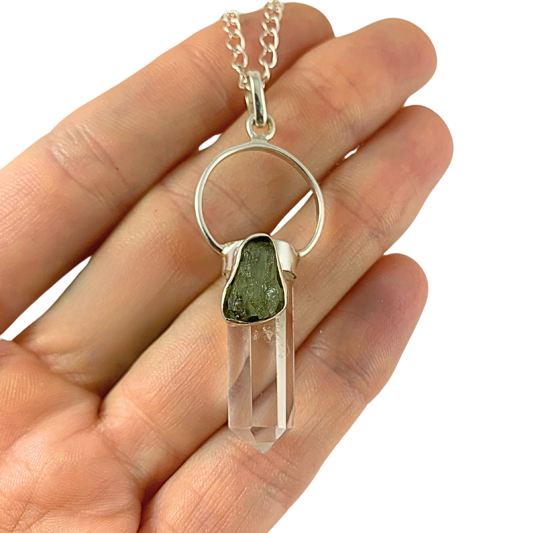 Moldavite with Clear Quartz Sterling Silver Pendants