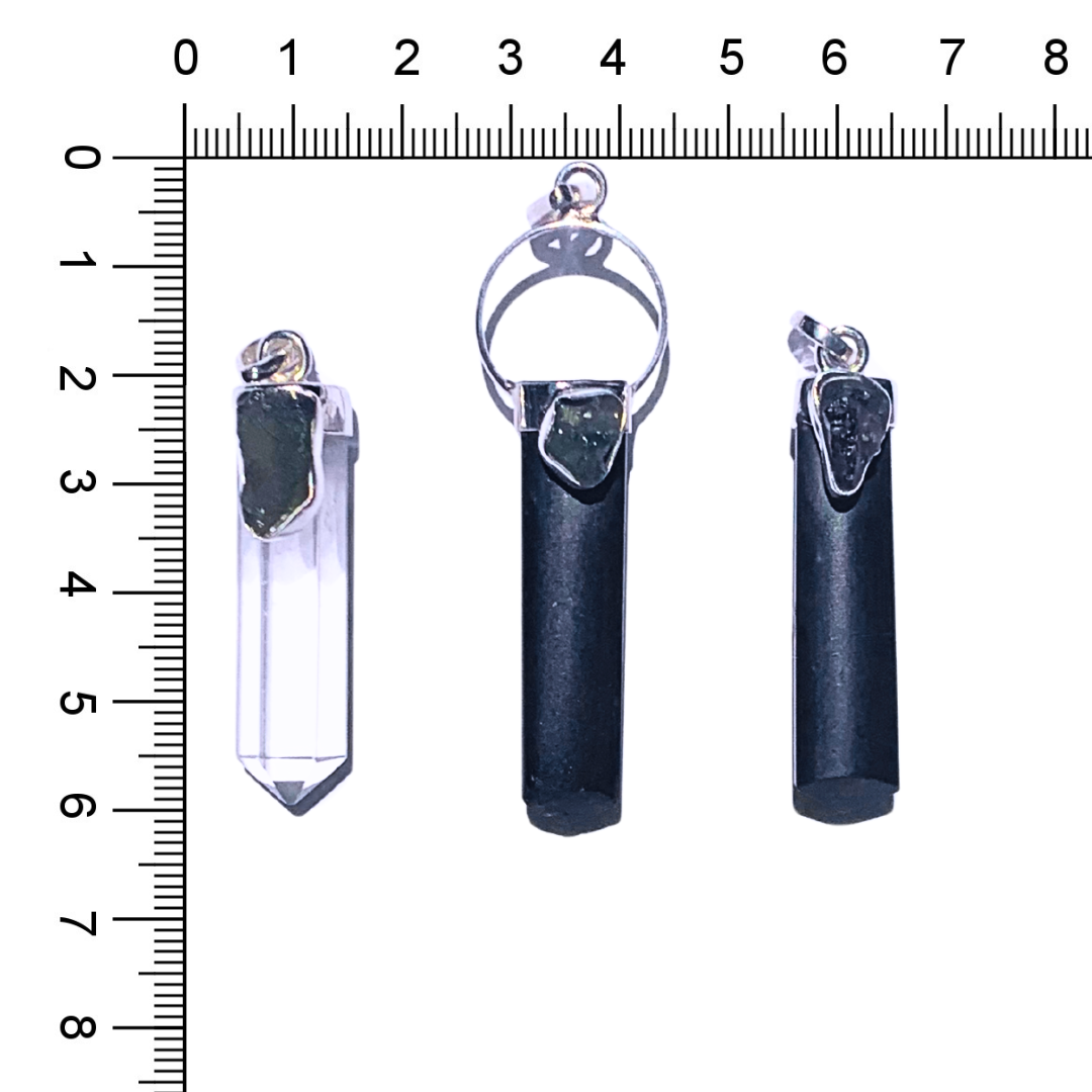 Moldavite with Black Tourmaline Sterling Silver Pendants