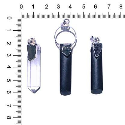 Moldavite with Black Tourmaline Sterling Silver Pendants