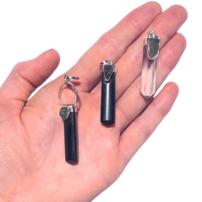 Moldavite with Black Tourmaline Sterling Silver Pendants